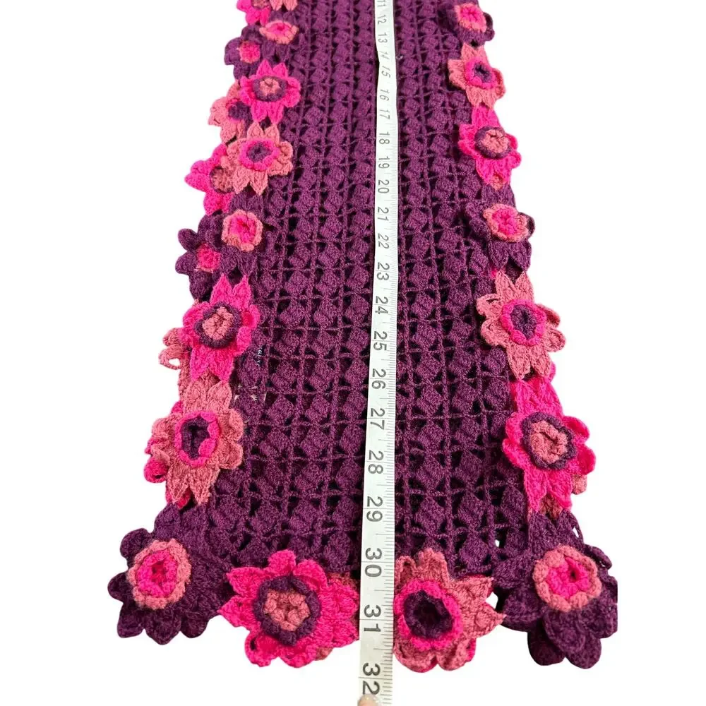 Gap Crochet Floral Scarf- purple pink- wool knit- feminine whimsygoth OS 62x9